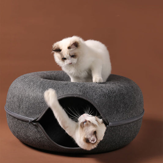 Four Seasons Available Cat Nest Round Woolen Felt Pet Dual-use Cat Nest Tunnel Interactive Training Toy Grey Felt Cat Nest - Furry Babiez 