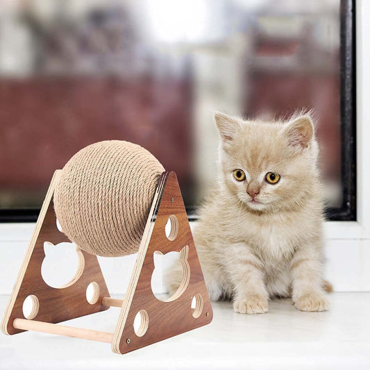Wooden Cat Catching Treadmill Ball Toy Cat Grinding Claw Sisal Rope Ball, Cat Scratching Ball On Stand, Interactive Solid Wood Cat Catching Ball Pet Toy - Furry Babiez 